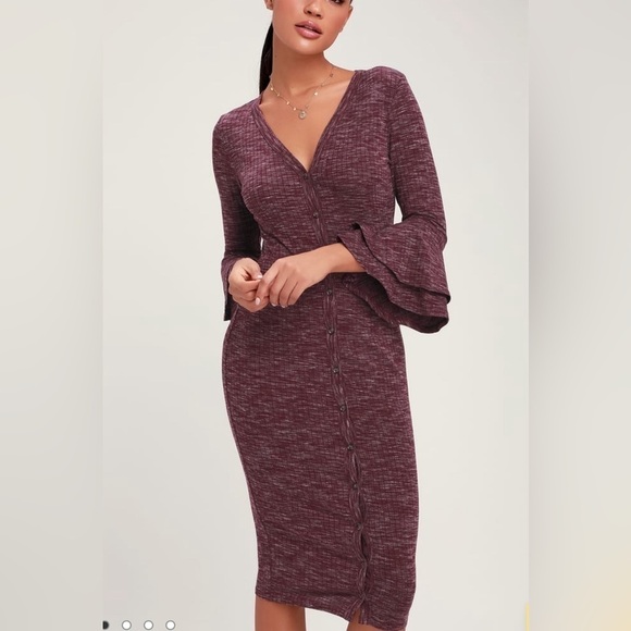 Lulus- Johnny Heathered Burgundy Ribbed Button-up Midi Sweater Dress - Picture 1 of 7
